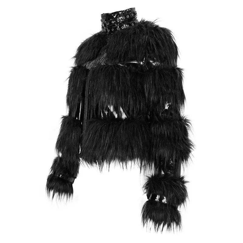 Stylish Women's Jacket Decorated with a Fur / Shiny Pu Leather Jacket with Buckles on the Neck