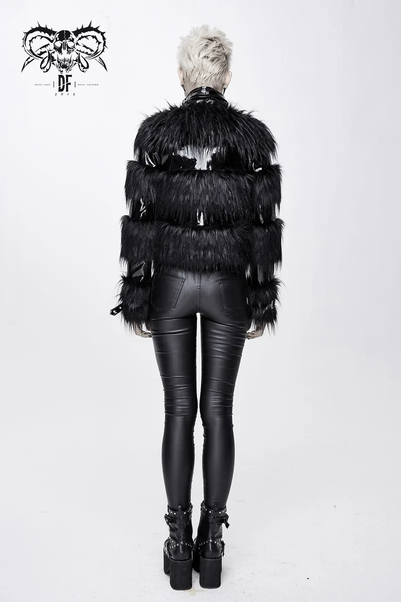 Stylish Women's Jacket Decorated with a Fur / Shiny Pu Leather Jacket with Buckles on the Neck