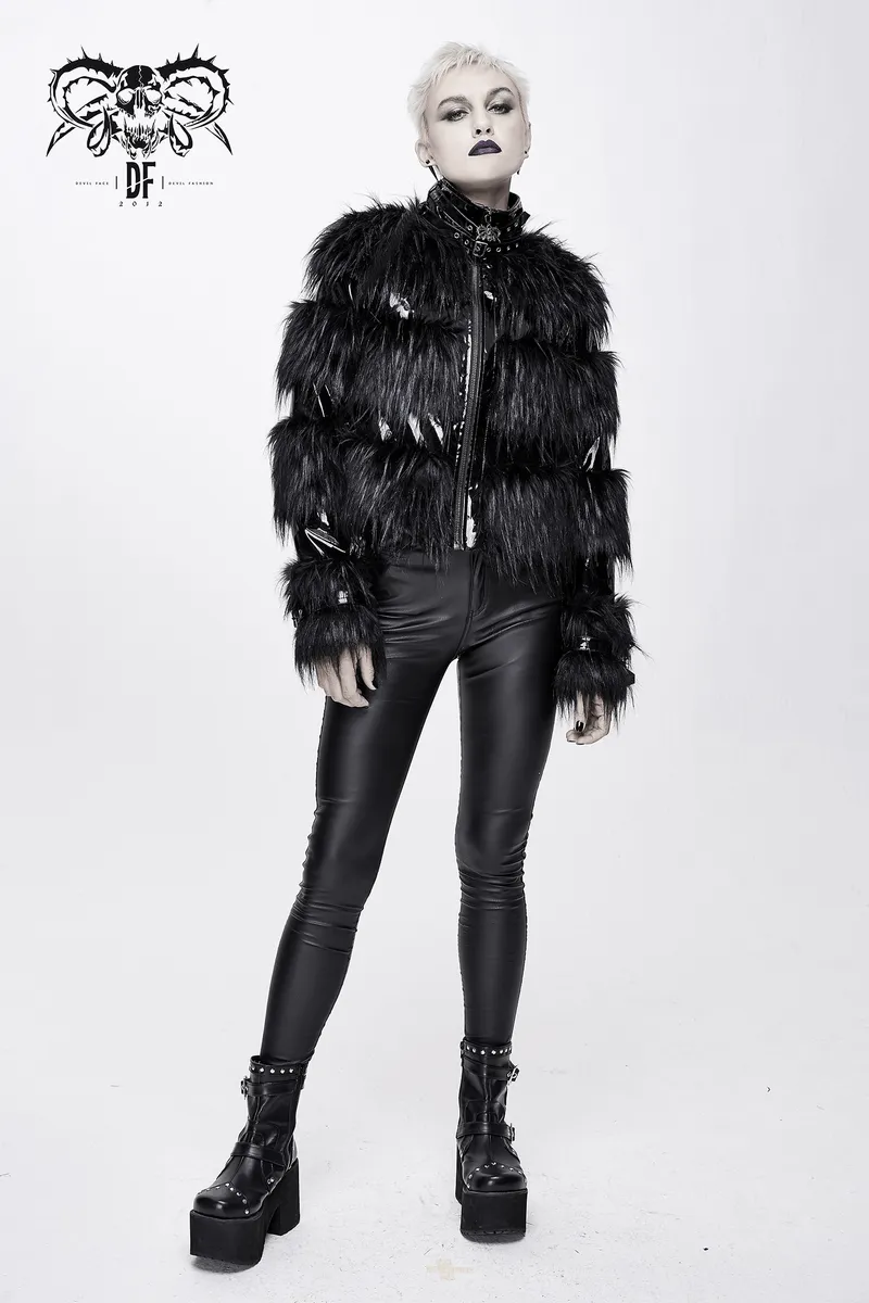 Stylish Women's Jacket Decorated with a Fur / Shiny Pu Leather Jacket with Buckles on the Neck