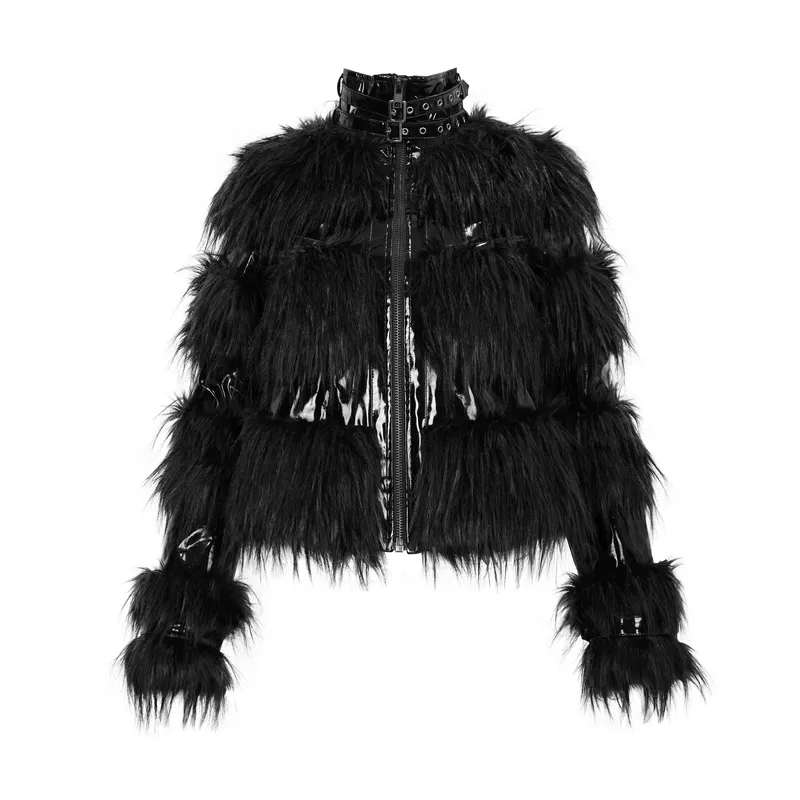 Stylish Women's Jacket Decorated with a Fur / Shiny Pu Leather Jacket with Buckles on the Neck