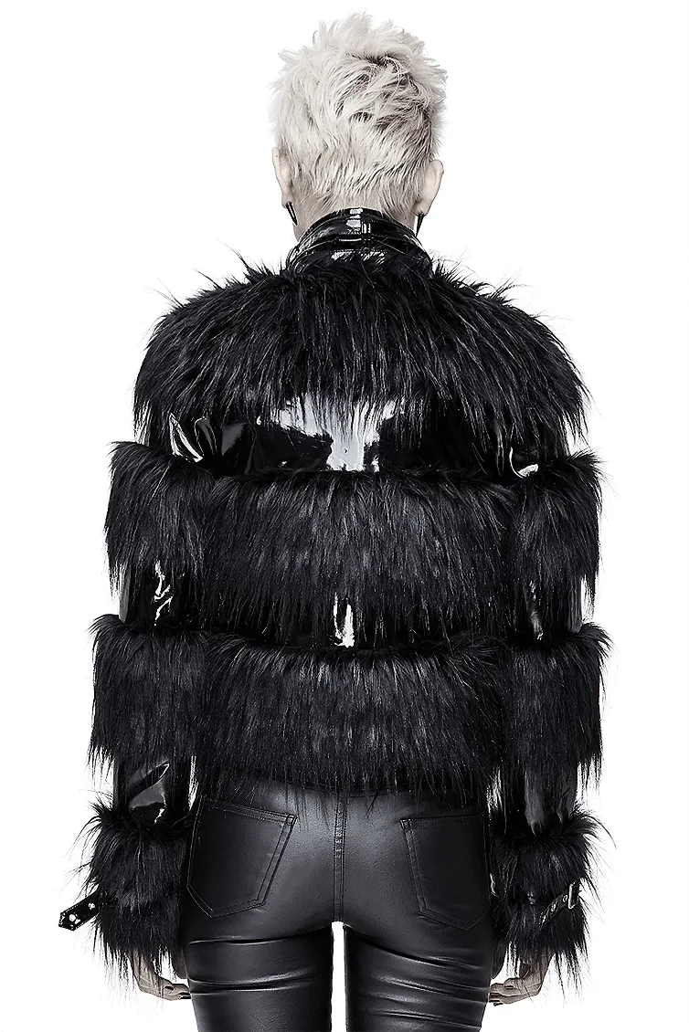 Stylish Women's Jacket Decorated with a Fur / Shiny Pu Leather Jacket with Buckles on the Neck