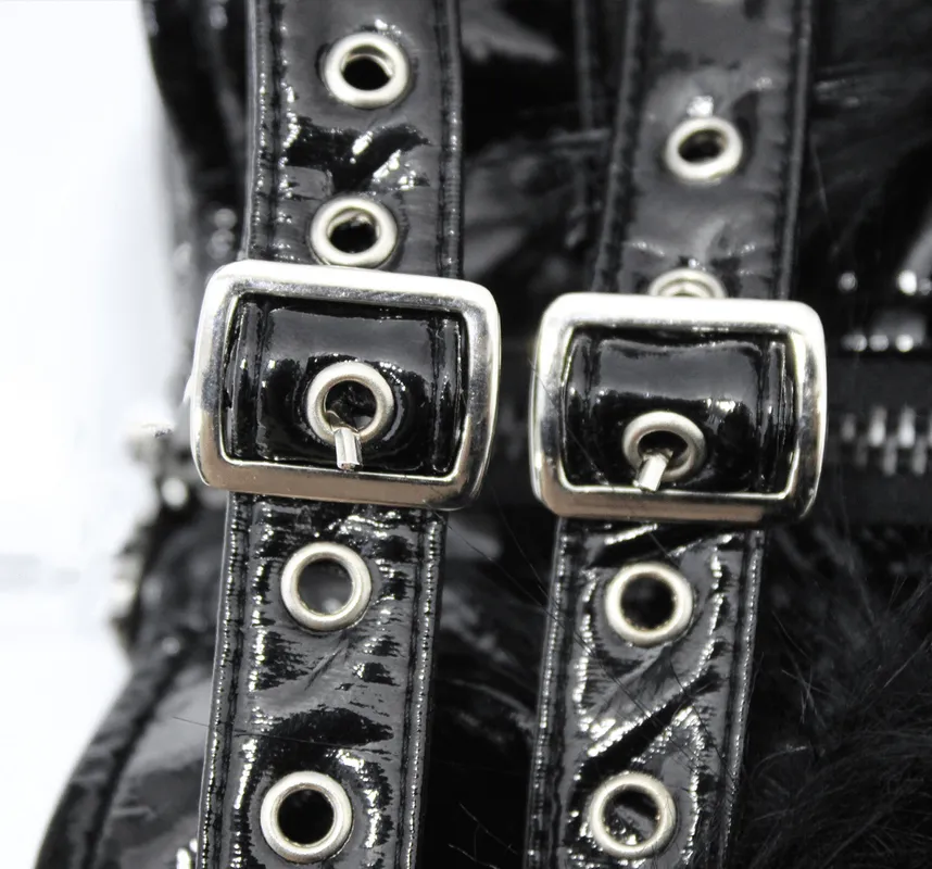 Stylish Women's Jacket Decorated with a Fur / Shiny Pu Leather Jacket with Buckles on the Neck