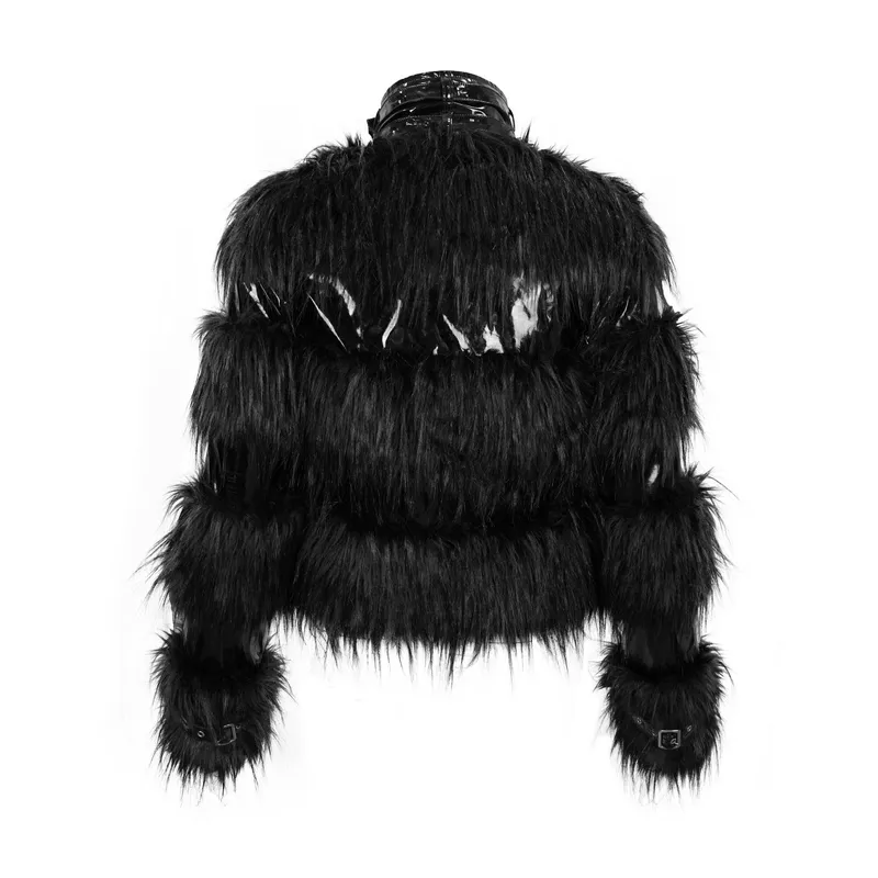 Stylish Women's Jacket Decorated with a Fur / Shiny Pu Leather Jacket with Buckles on the Neck