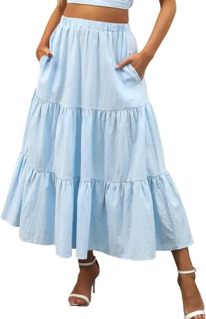 Summer Girls Skirt Ruffle Beach Dress Boho Pleated Swing with Pockets Elastic High Waist Skirts for Women 2023 Robe