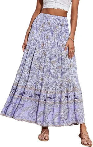 Summer Skirts for Women 2025 Loose Trendy Floral Print Elastic Waist Lightweight Boho Flowy Maxi Skirt, S-2XL
