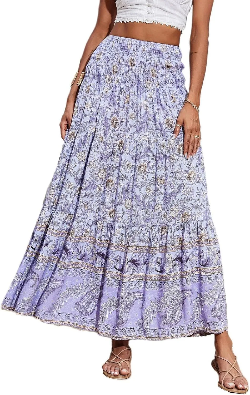 Summer Skirts for Women 2025 Loose Trendy Floral Print Elastic Waist Lightweight Boho Flowy Maxi Skirt, S-2XL