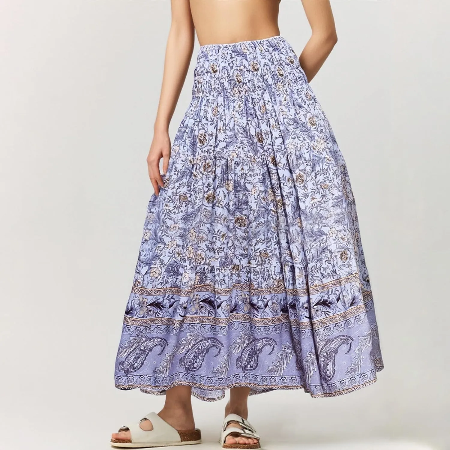Summer Skirts for Women 2025 Loose Trendy Floral Print Elastic Waist Lightweight Boho Flowy Maxi Skirt, S-2XL