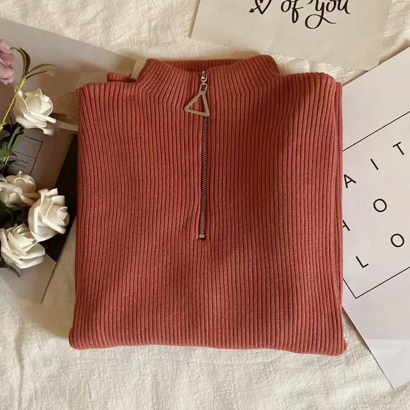 Thickened Warm Yarn Knitwear High Collar Triangle Zipper Charm Sweater Pullover Basic for wardrobe