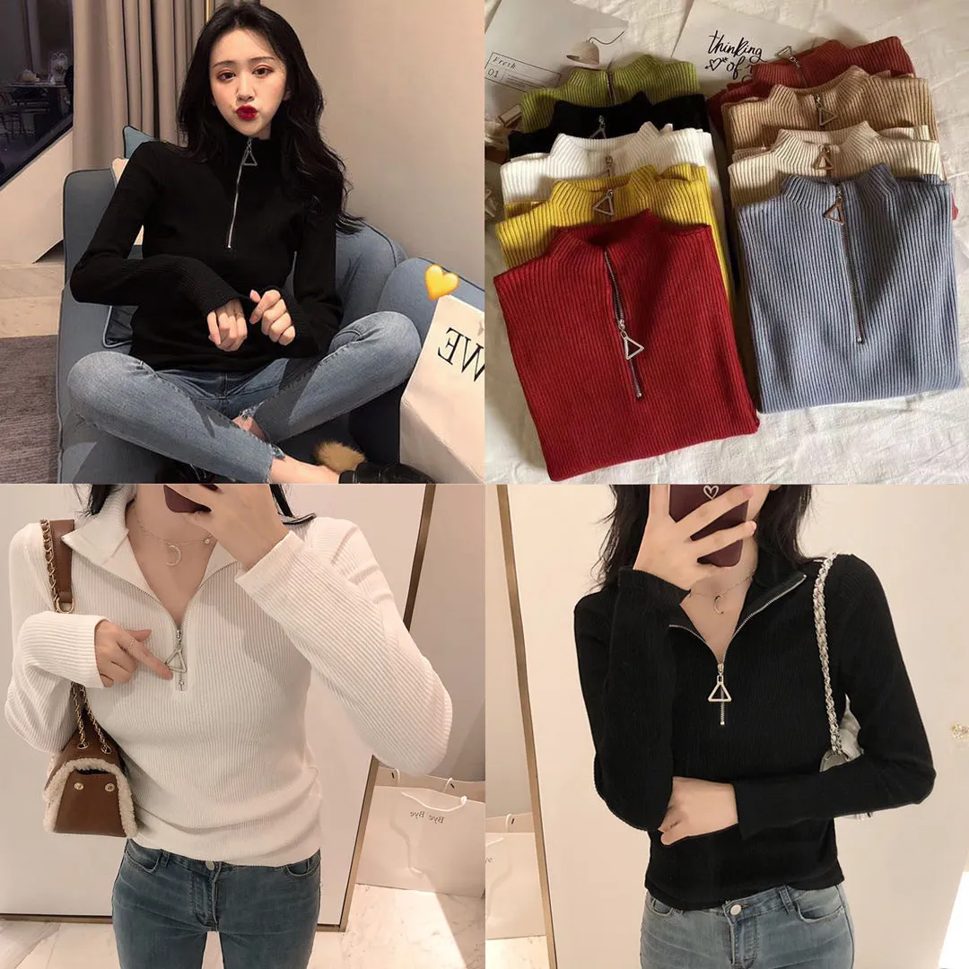 Thickened Warm Yarn Knitwear High Collar Triangle Zipper Charm Sweater Pullover Basic for wardrobe