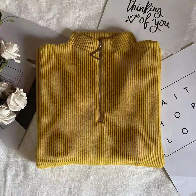 Thickened Warm Yarn Knitwear High Collar Triangle Zipper Charm Sweater Pullover Basic for wardrobe