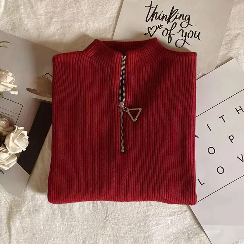 Thickened Warm Yarn Knitwear High Collar Triangle Zipper Charm Sweater Pullover Basic for wardrobe