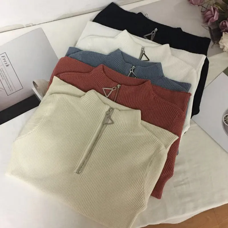 Thickened Warm Yarn Knitwear High Collar Triangle Zipper Charm Sweater Pullover Basic for wardrobe