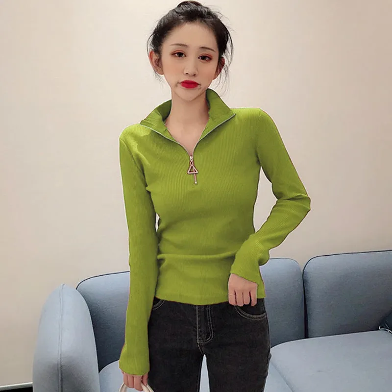 Thickened Warm Yarn Knitwear High Collar Triangle Zipper Charm Sweater Pullover Basic for wardrobe