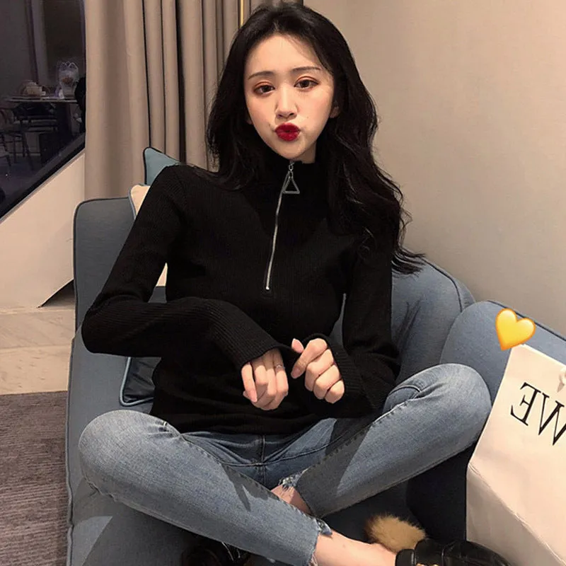 Thickened Warm Yarn Knitwear High Collar Triangle Zipper Charm Sweater Pullover Basic for wardrobe