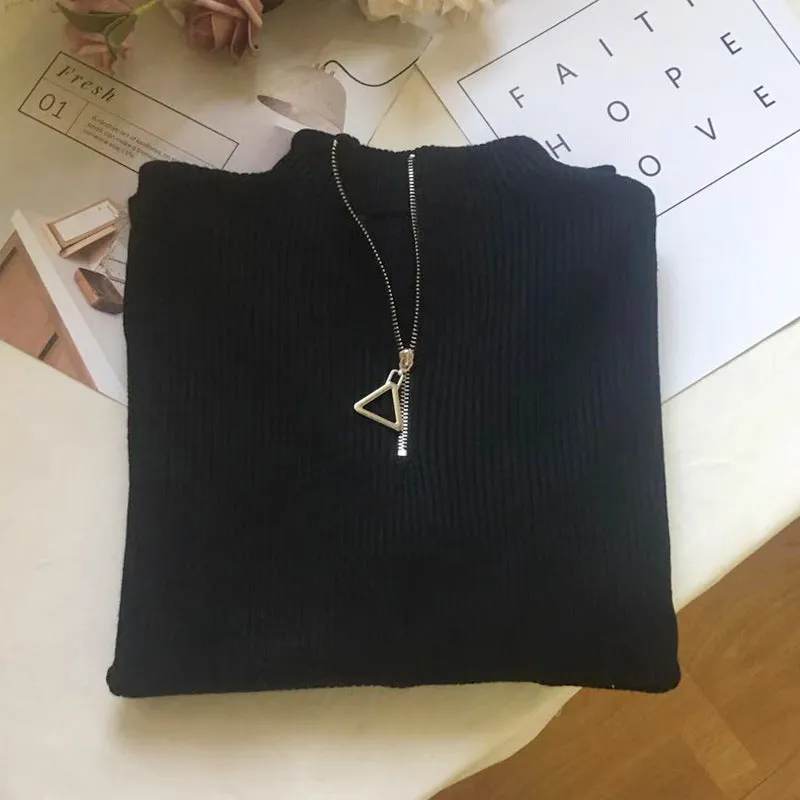 Thickened Warm Yarn Knitwear High Collar Triangle Zipper Charm Sweater Pullover Basic for wardrobe