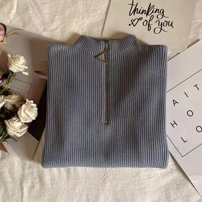Thickened Warm Yarn Knitwear High Collar Triangle Zipper Charm Sweater Pullover Basic for wardrobe