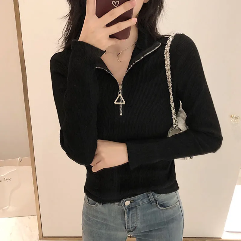 Thickened Warm Yarn Knitwear High Collar Triangle Zipper Charm Sweater Pullover Basic for wardrobe