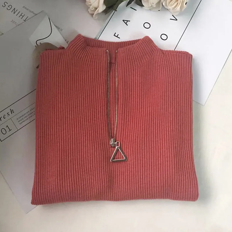 Thickened Warm Yarn Knitwear High Collar Triangle Zipper Charm Sweater Pullover Basic for wardrobe