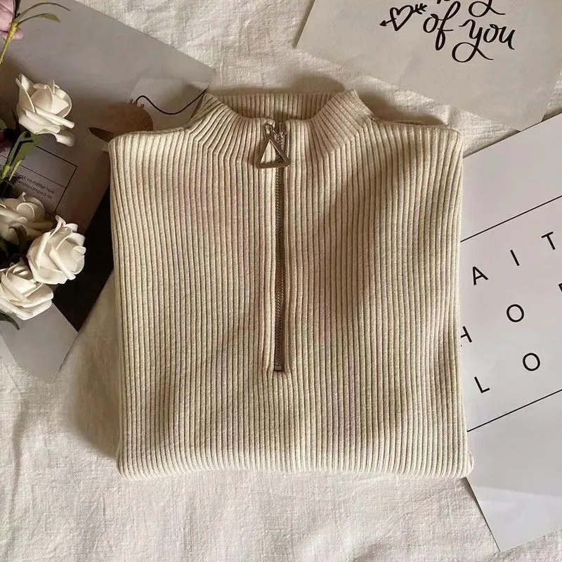 Thickened Warm Yarn Knitwear High Collar Triangle Zipper Charm Sweater Pullover Basic for wardrobe