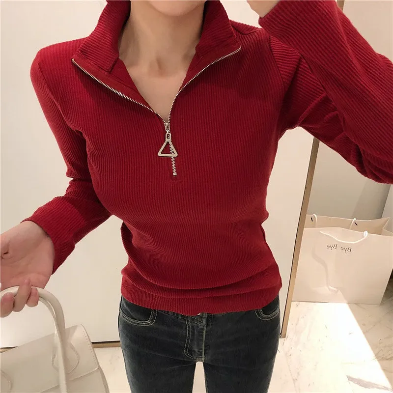 Thickened Warm Yarn Knitwear High Collar Triangle Zipper Charm Sweater Pullover Basic for wardrobe