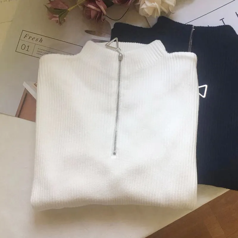 Thickened Warm Yarn Knitwear High Collar Triangle Zipper Charm Sweater Pullover Basic for wardrobe