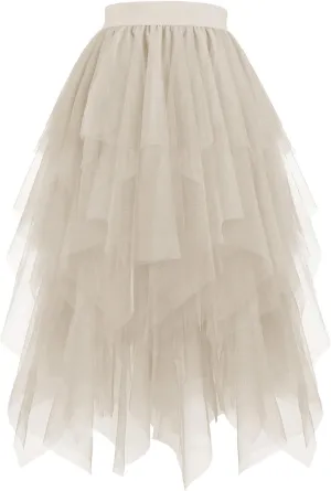 Tulle Skirts Women High Low Layered Skirts A Line Tutu Skirts Flowy Dance Skirts Midi Length Mesh Skirt Puffy Skirt