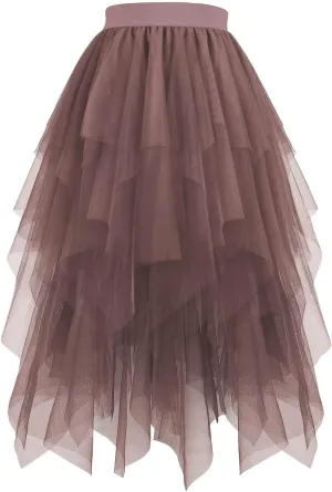 TUNUSKAT Womens Midi Length Tulle Skirts High Waisted Tutu Fairy Tiered Skirt Ladies Elegant A Line Elastic Waist Mesh Dress
