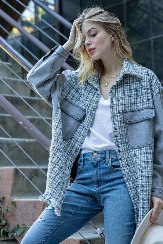 Tweed Mixed Charcoal Denim Jacket with Fringed Hem
