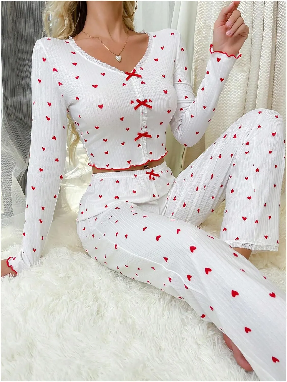 Verdusa Women's 2 Piece Pajamas Sets Loungewear Long Sleeve Crop Top and Pants