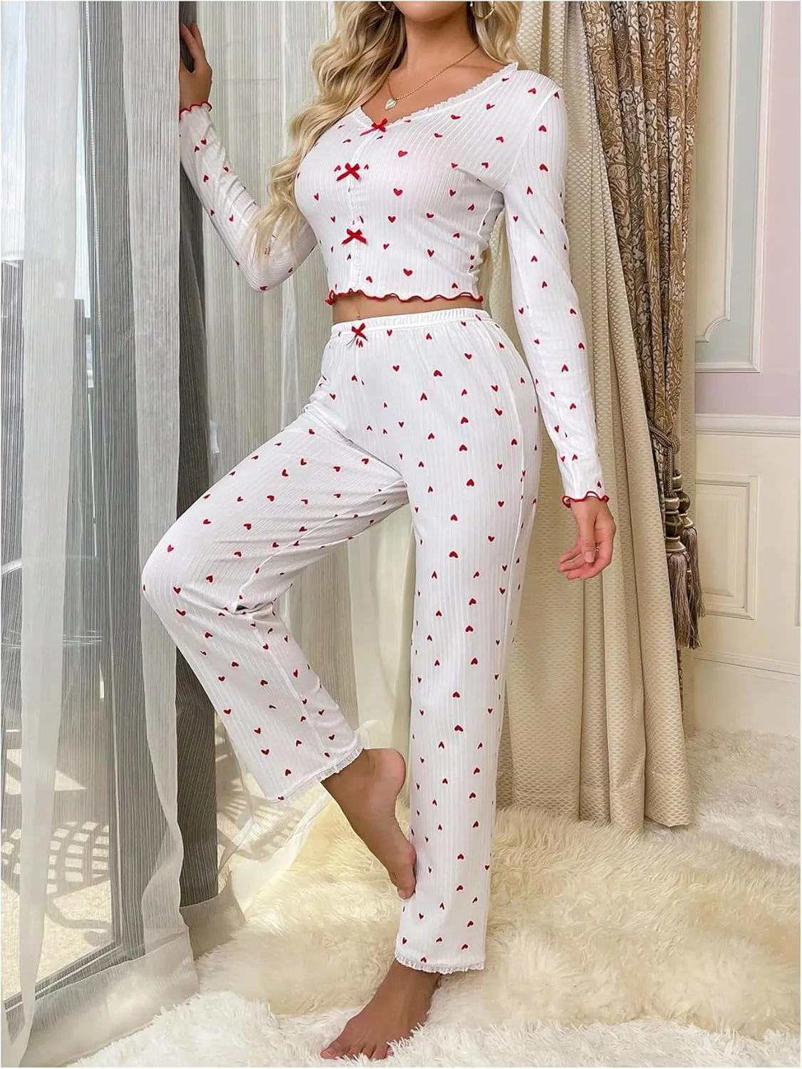 Verdusa Women's 2 Piece Pajamas Sets Loungewear Long Sleeve Crop Top and Pants