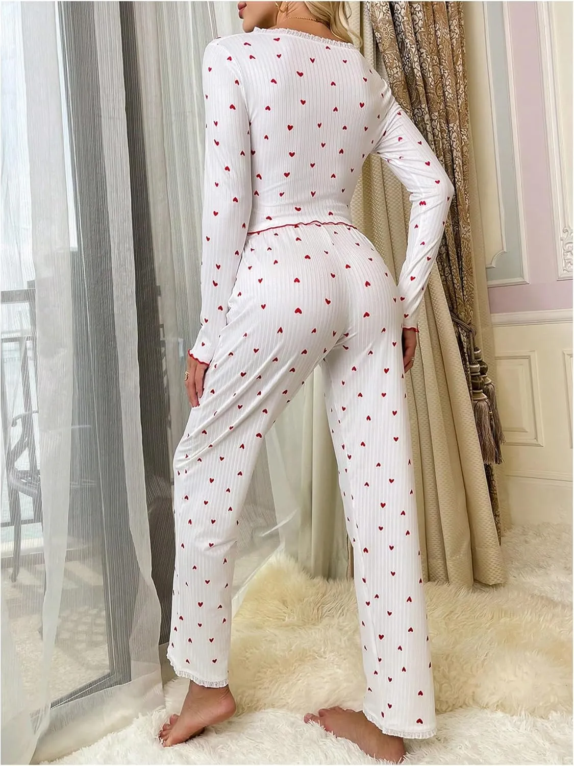 Verdusa Women's 2 Piece Pajamas Sets Loungewear Long Sleeve Crop Top and Pants
