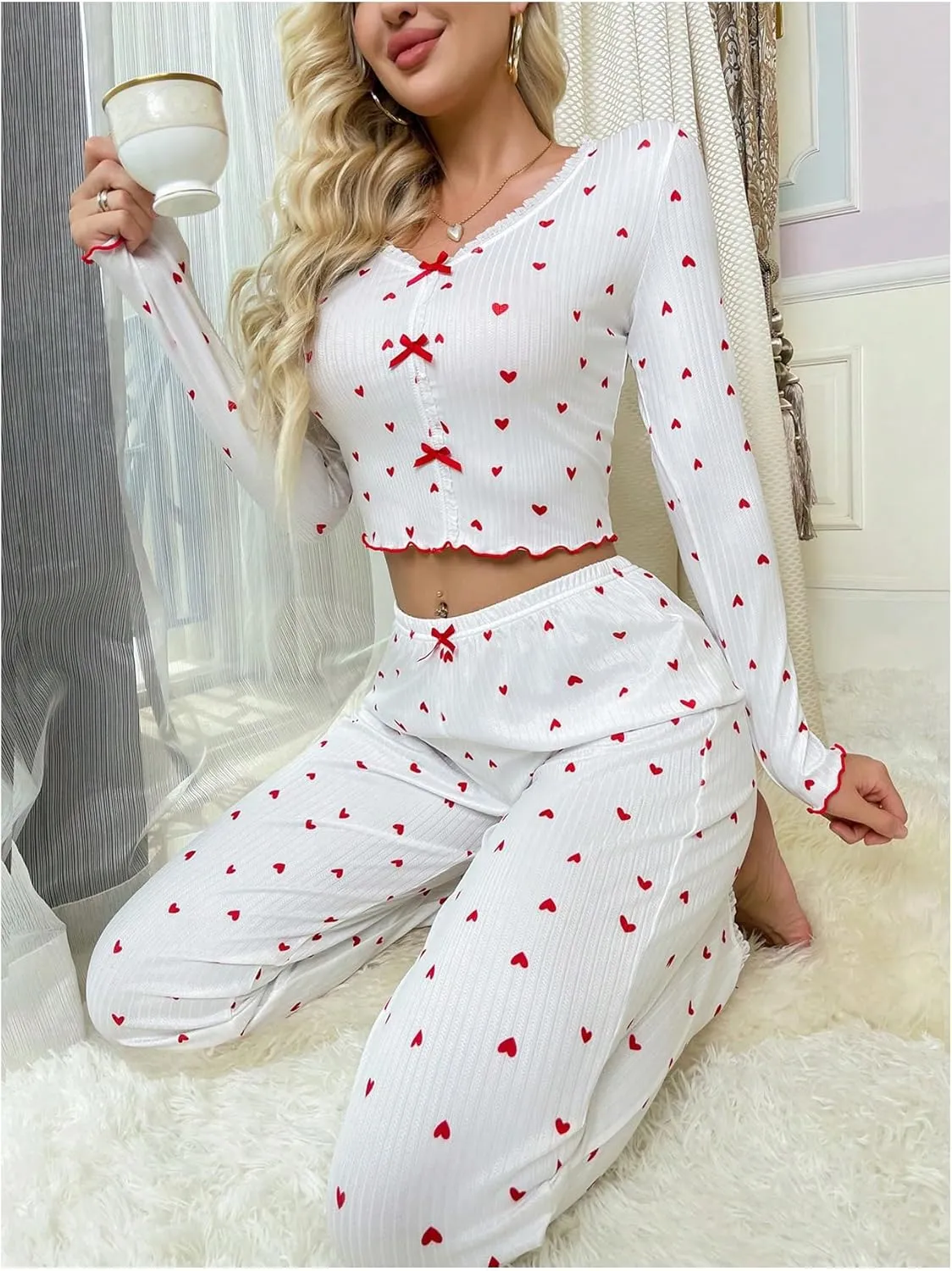 Verdusa Women's 2 Piece Pajamas Sets Loungewear Long Sleeve Crop Top and Pants