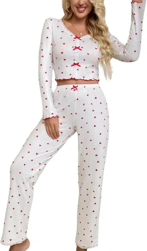 Verdusa Women's 2 Piece Pajamas Sets Loungewear Long Sleeve Crop Top and Pants