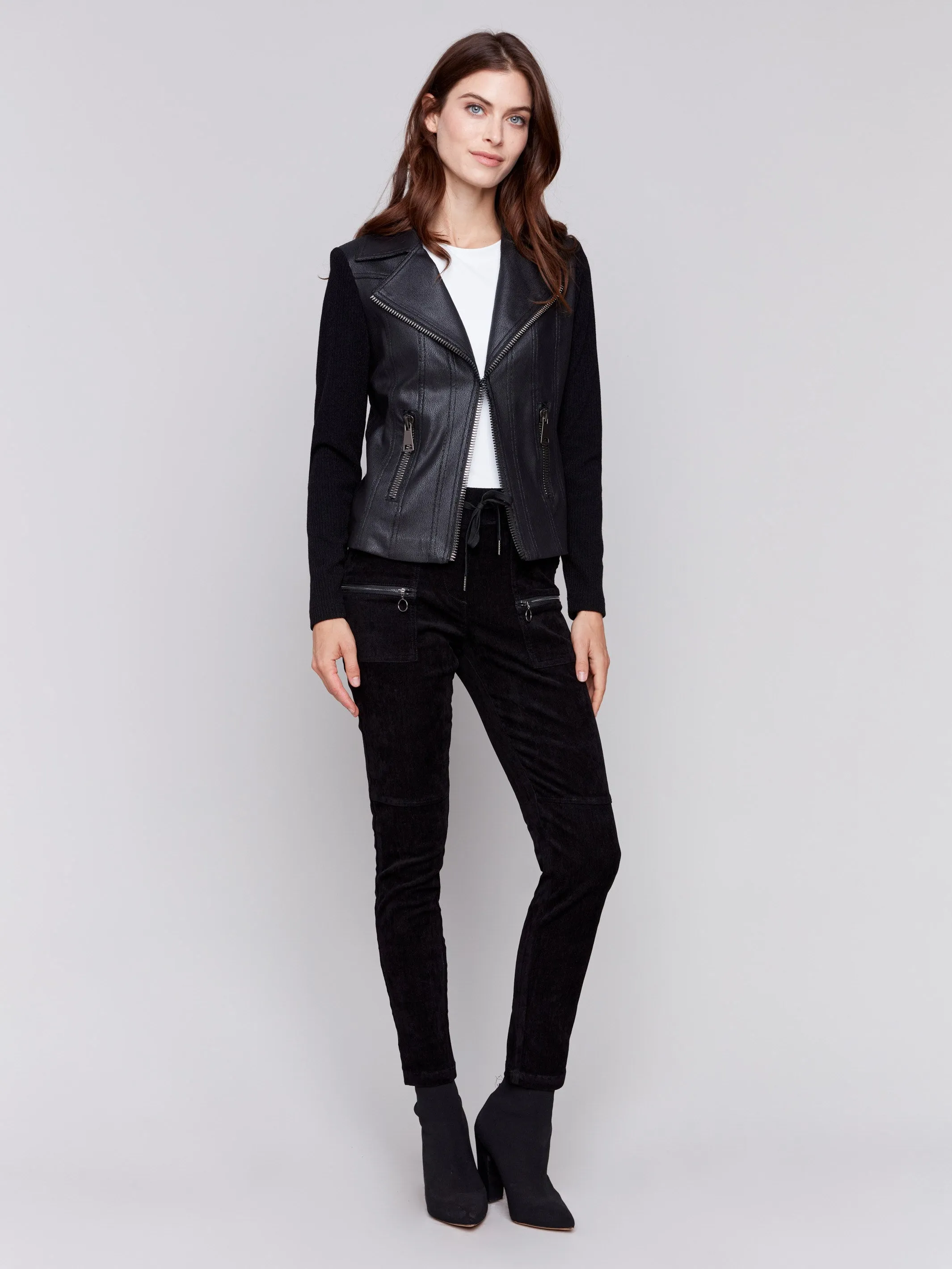 Vintage Faux Leather And Rib Knit Jacket - Black