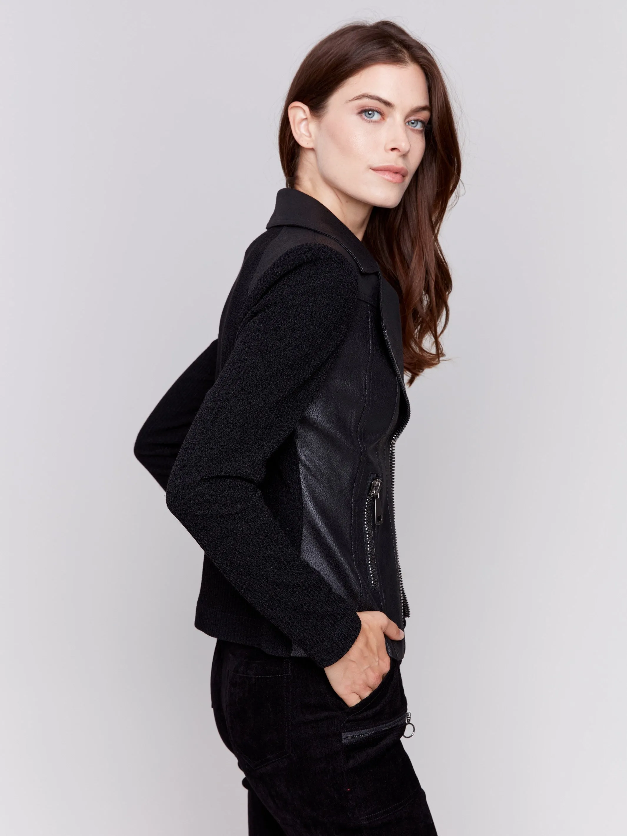 Vintage Faux Leather And Rib Knit Jacket - Black