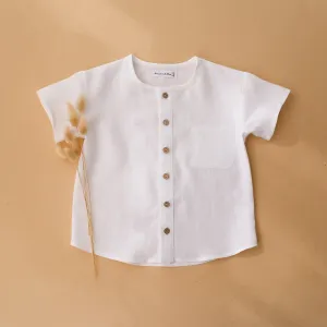 White Linen Short Sleeve Buttoned Top with Curved Hemline