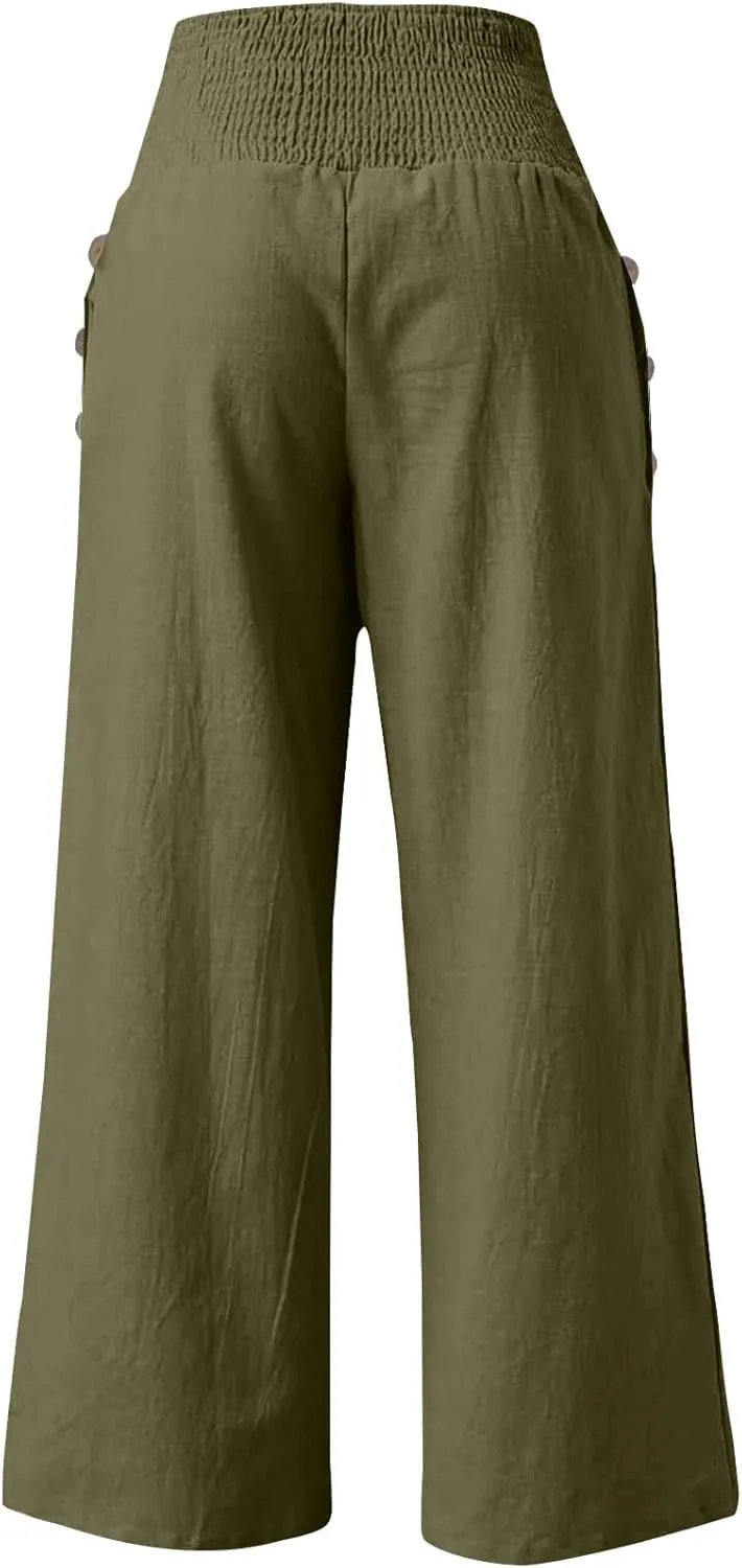 Women Linen Palazzo Pants Summer Wide Leg High Waist Casual Lounge Pant Beach Vacation Trousers with Pockets