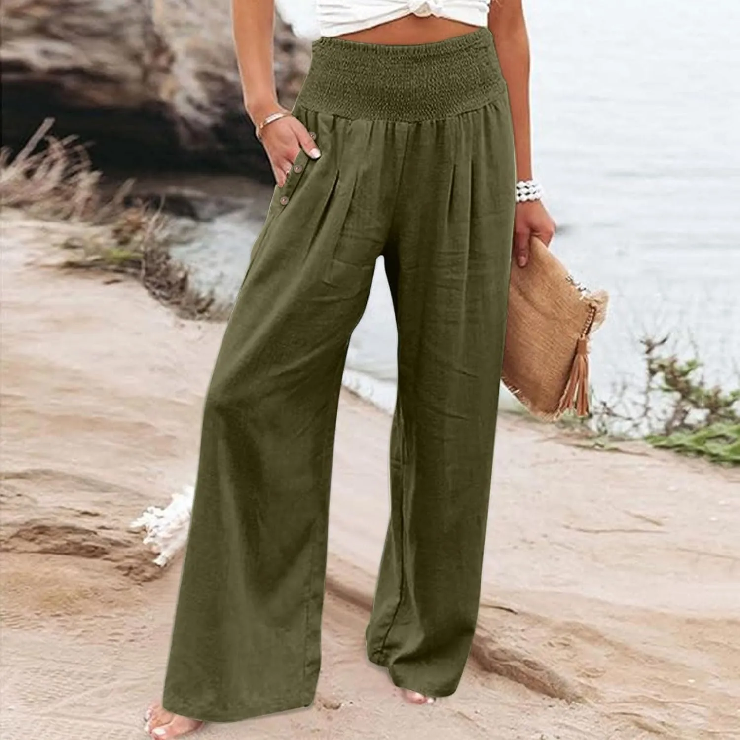 Women Linen Palazzo Pants Summer Wide Leg High Waist Casual Lounge Pant Beach Vacation Trousers with Pockets