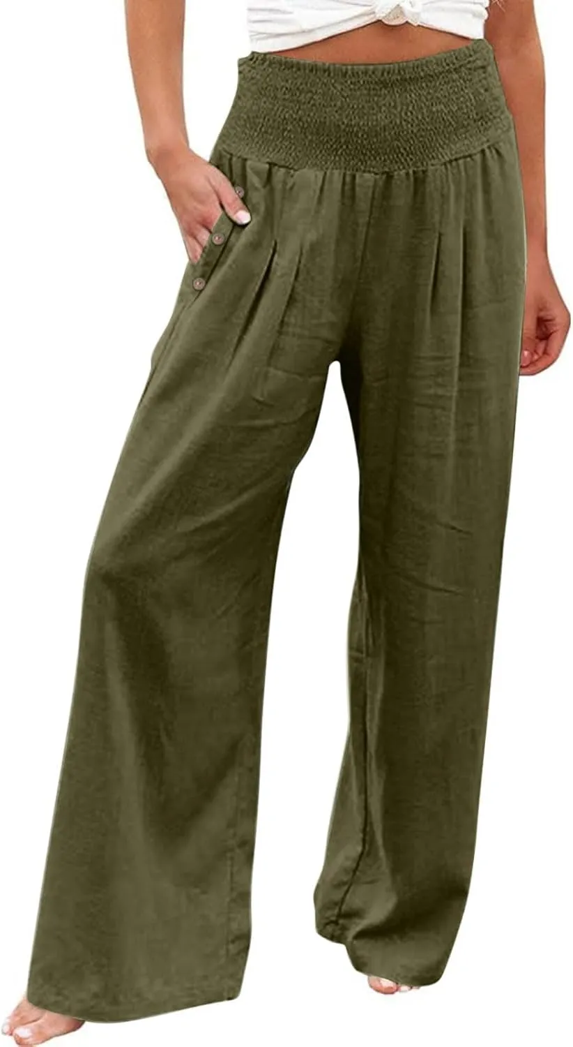 Women Linen Palazzo Pants Summer Wide Leg High Waist Casual Lounge Pant Beach Vacation Trousers with Pockets