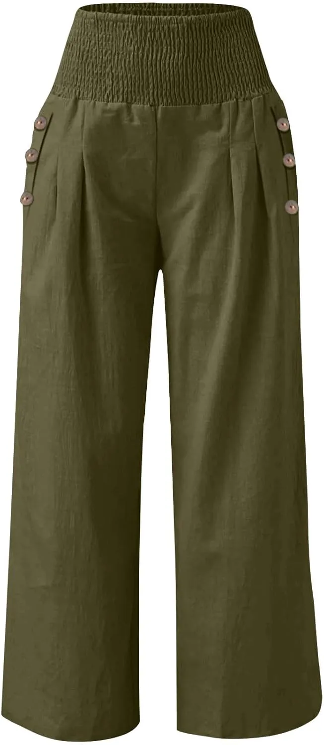Women Linen Palazzo Pants Summer Wide Leg High Waist Casual Lounge Pant Beach Vacation Trousers with Pockets