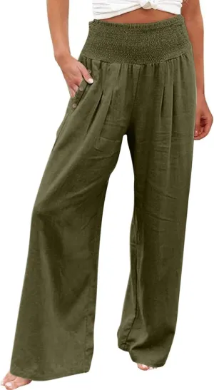 Women Linen Palazzo Pants Summer Wide Leg High Waist Casual Lounge Pant Beach Vacation Trousers with Pockets