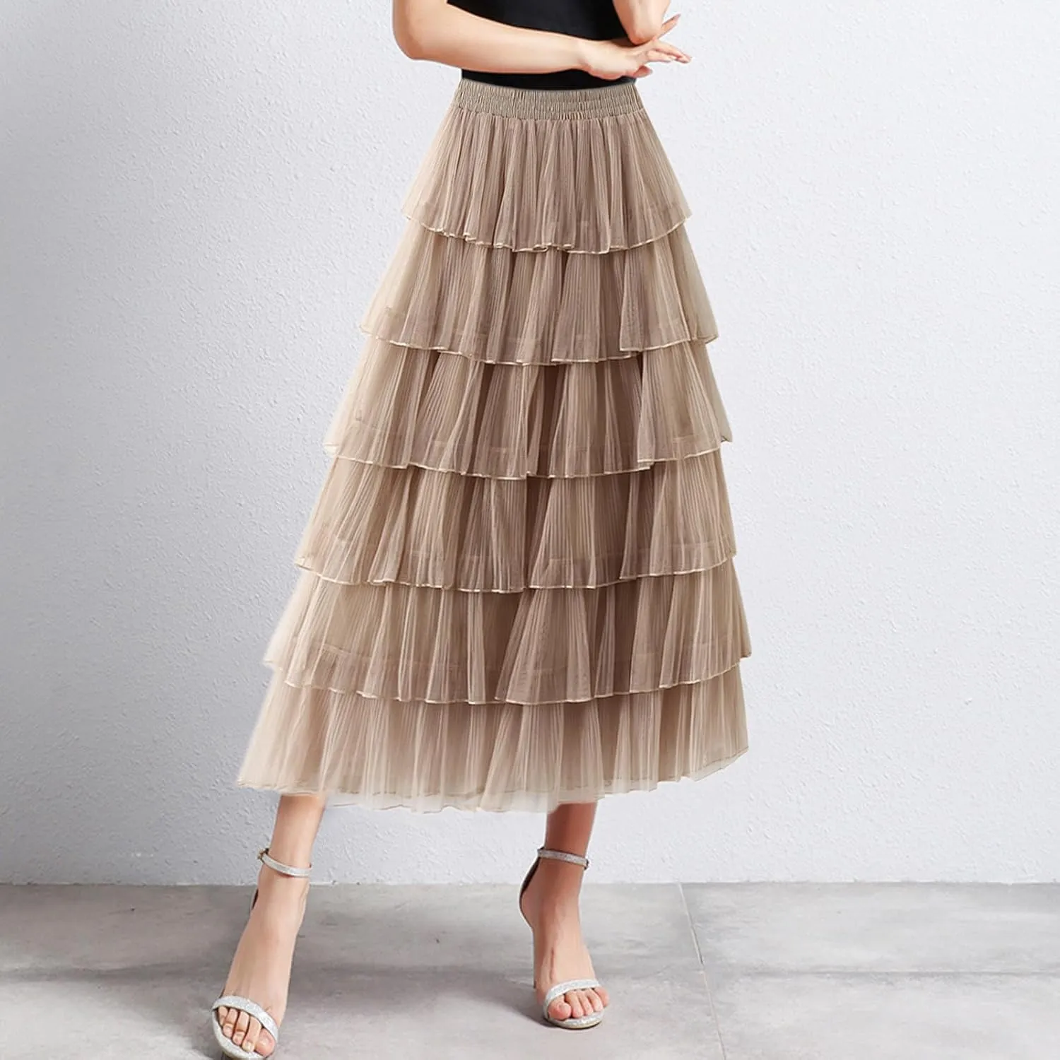 Women Mid Length Skirt Dance Party A Line High Waisted Tulle Tiered Skirt Holiday Party Little Girls Leather