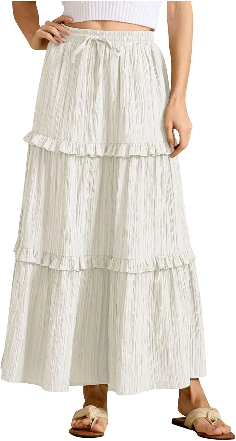 Women Midi Skirt Summer Boho Elastic High Waist Beach Long Skirts Casual Trendy Hem Pleated A-Line Flowy Swing Skirt