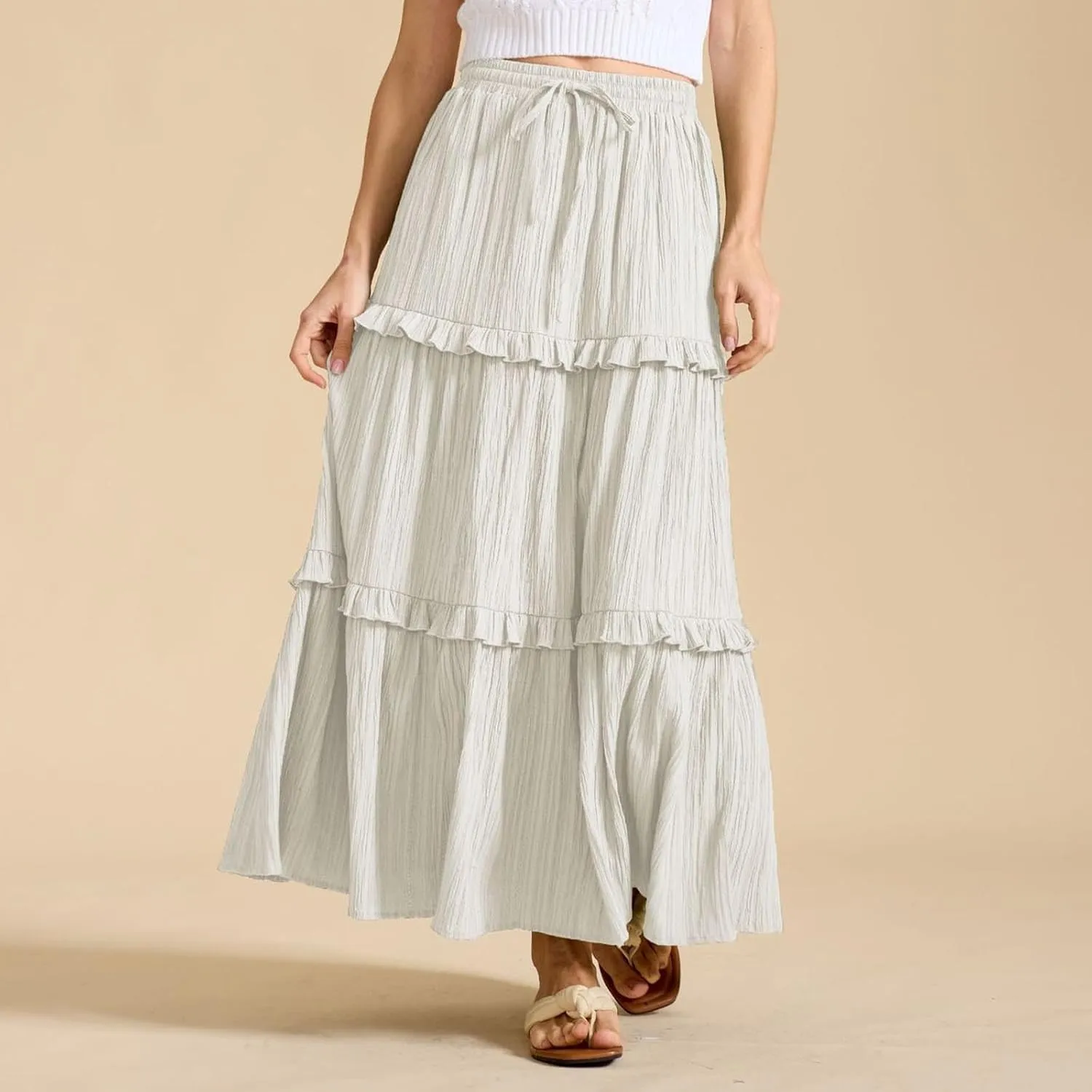 Women Midi Skirt Summer Boho Elastic High Waist Beach Long Skirts Casual Trendy Hem Pleated A-Line Flowy Swing Skirt