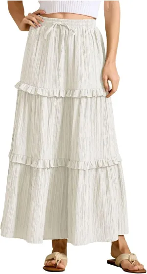 Women Midi Skirt Summer Boho Elastic High Waist Beach Long Skirts Casual Trendy Hem Pleated A-Line Flowy Swing Skirt