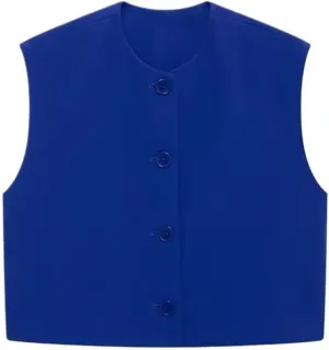 Women Solid Color Vest O-Neck Single Breasted Sleeveless Crop Top Casual Camisole