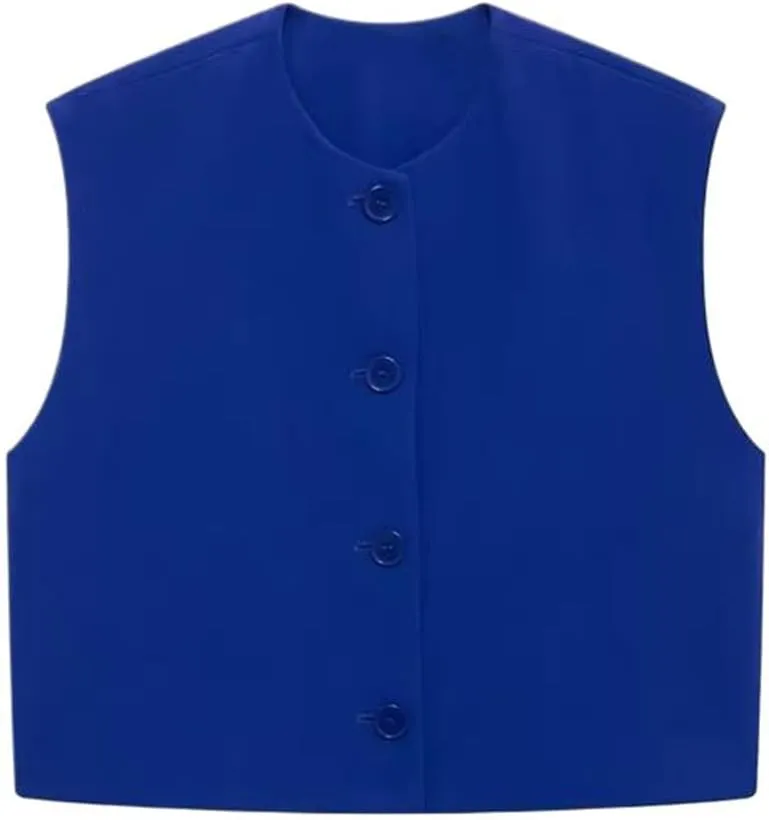 Women Solid Color Vest O-Neck Single Breasted Sleeveless Crop Top Casual Camisole