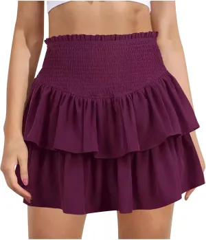 Women Summer Tiered Short Skirt with Shorts, Smocked High Waisted Ruffle Mini Skirts Teen Girls Cute Casual Skirts