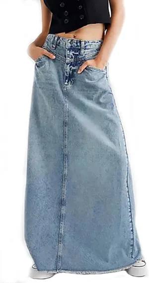 Women Vintage Denim Maxi Skirt Frayed Raw Hem High Waist A-Line Long Y2k Jean Skirt with Pockets