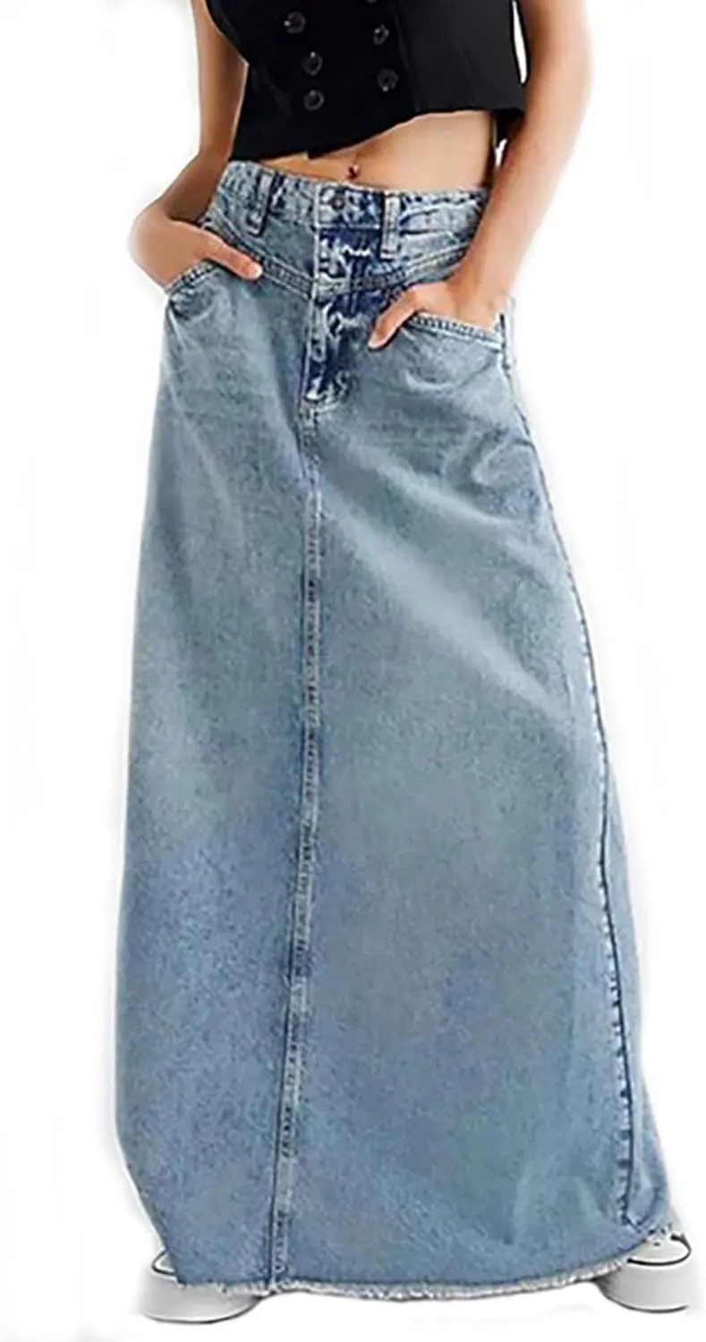 Women Vintage Denim Maxi Skirt Frayed Raw Hem High Waist A-Line Long Y2k Jean Skirt with Pockets